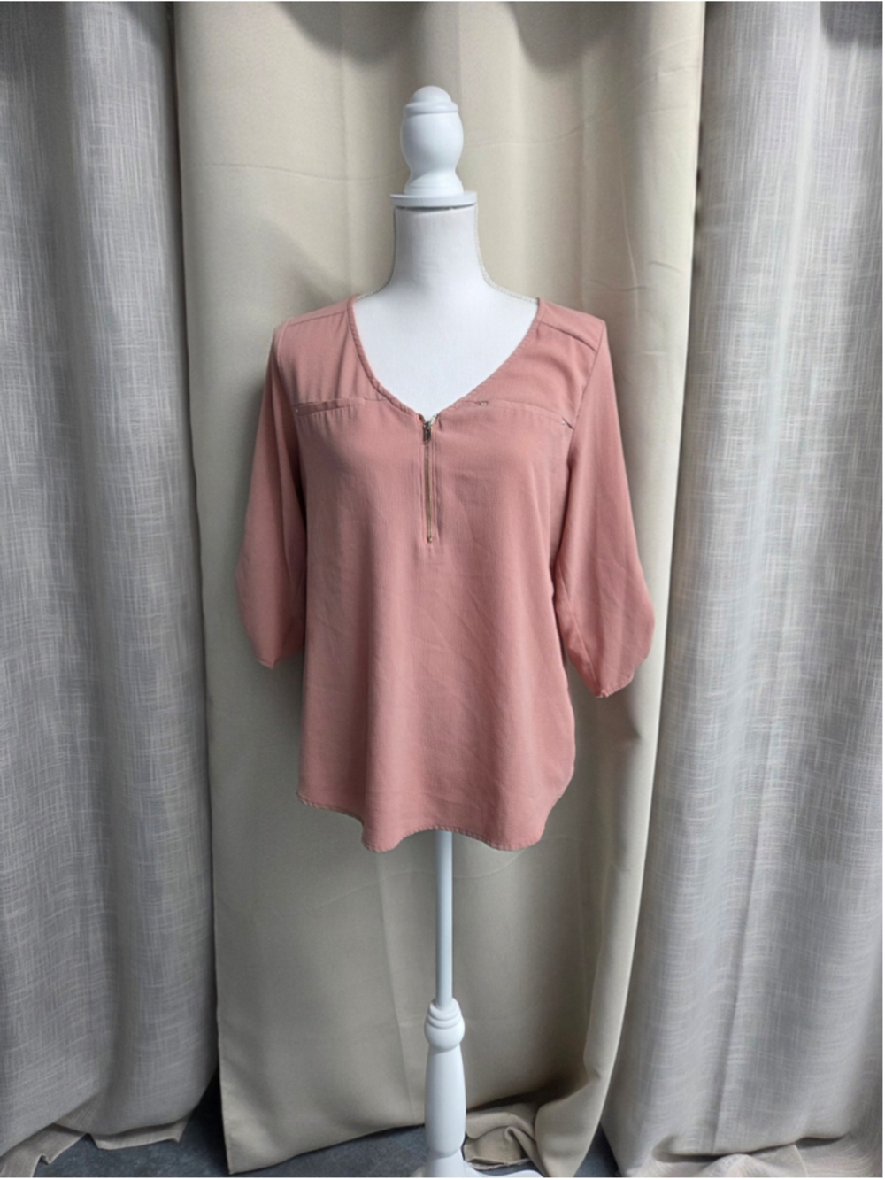 Tempted Blush Pink V-Neck Zip Front Blouse Size L